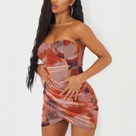 NWT PrettyLittleThing Orange Abstract Print Bandeau Bodycon Dress Size 6 - Picture 1 of 6
